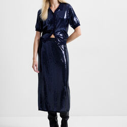 HANNAH SEQUIN MIDI SKIRT, navy, French Connection