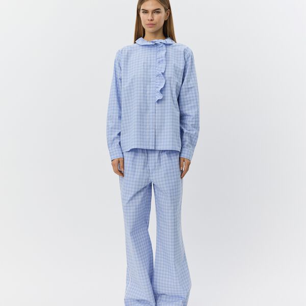 BelleSW Check Frill Placket Shirt, blue, Sofie Schnoor