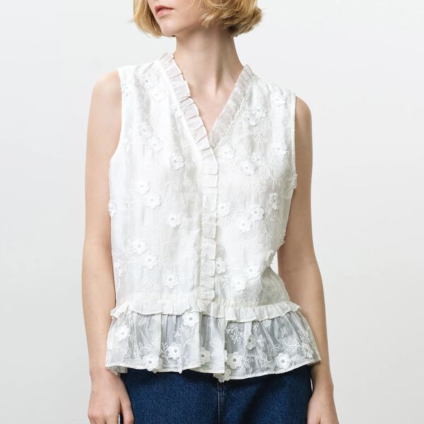 VANI COTTON RUFFLE PEPLUM TOP, summer white, French Connection
