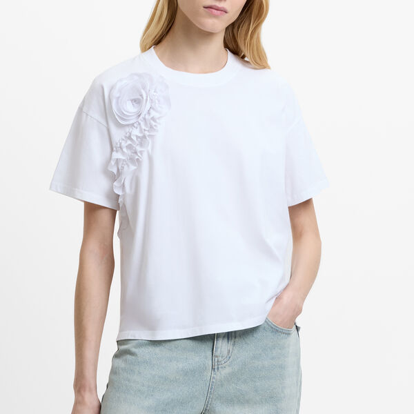 COTTON CREPE RUFFLE T-SHIRT, bright white, French Connection