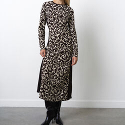 KELLY PRINT JERSEY LONG SLEEVE DRESS, bitter chocoalte/porcelain cream, French Connection