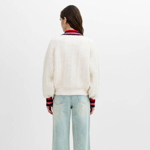 KENLEY HIGH COLLAR CARDIGAN, porcelain cream / rouge red / new navy, French Connection
