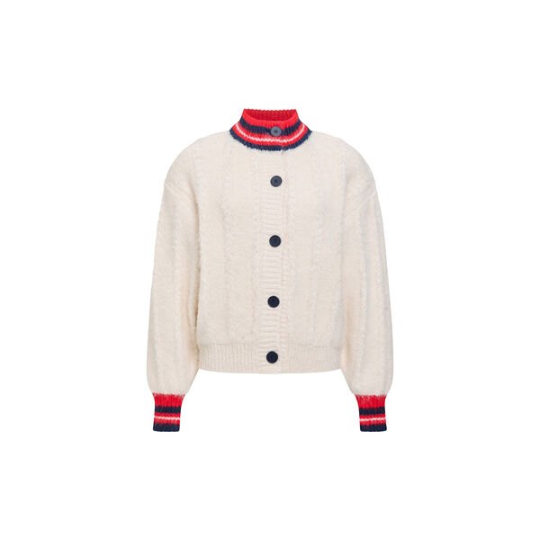 KENLEY HIGH COLLAR CARDIGAN, porcelain cream / rouge red / new navy, French Connection
