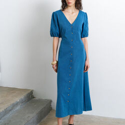 ZAVES CHAMBRAY PUFF SLEEVE MIDI DRESS, medium bleach wash, French Connection