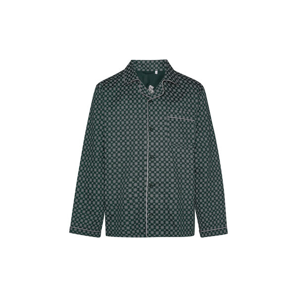 Megeve pyjamas, racing green off white print, grey piping, Ambassador 1867