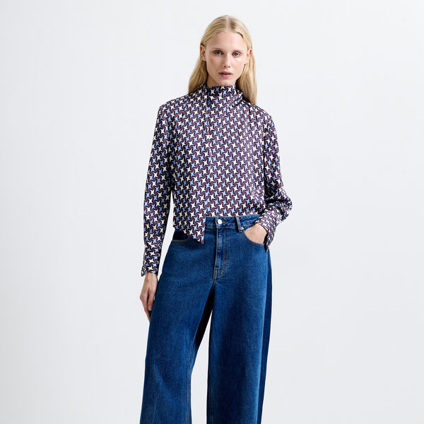 GLORIA DOLLY LONG SLEEVE SCARF BLOUSE, blueberry multi, French Connection