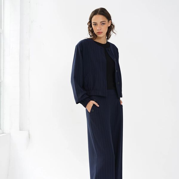 Alia Pinstripe Bomber Jacket, new navy/linen white, French Connection
