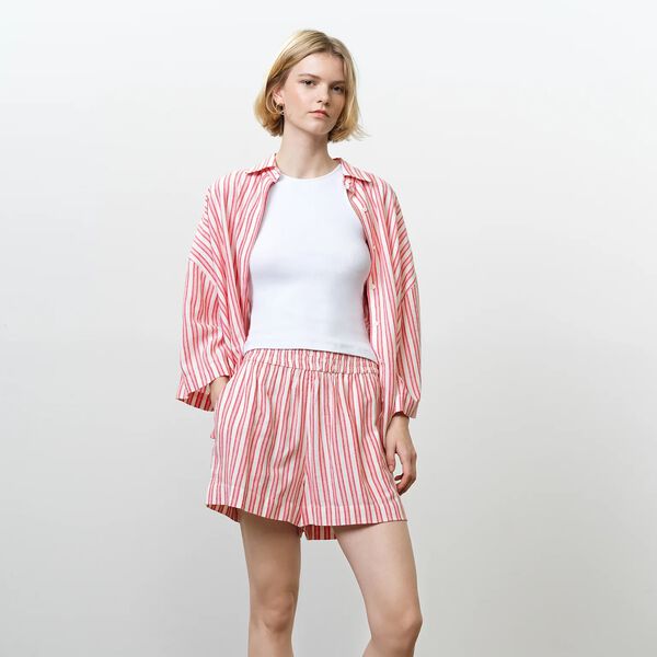 CHERYL LINEN BLEND SHORTS, watermelon red stripe, French Connection