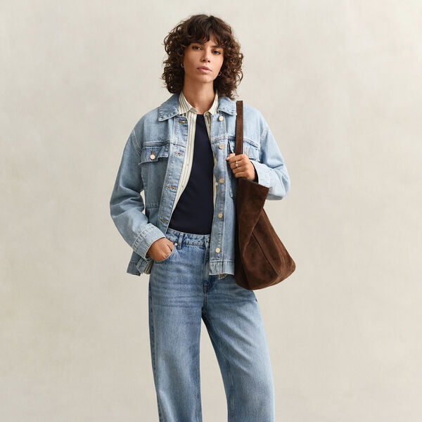 DENIM JACKET WITH TIE DETAIL, light blue worn in, Gant
