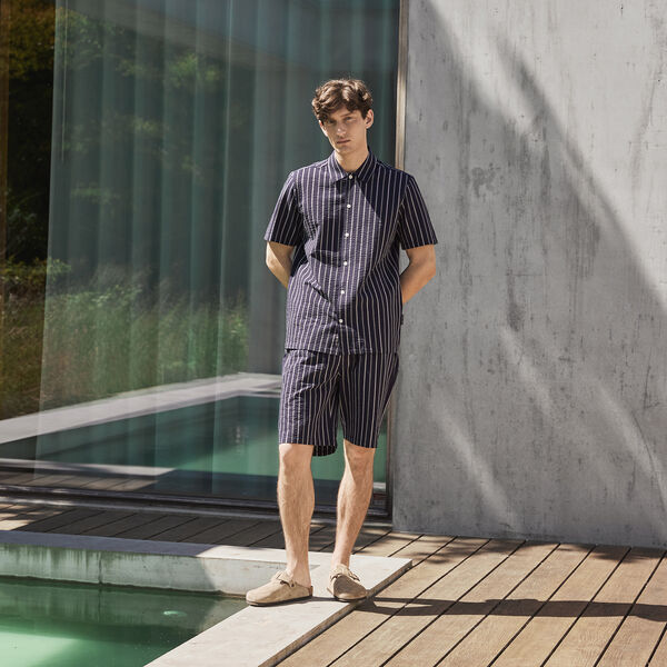 CFKAI SS Striped Seersucker Shorts, navy blazer, Casual Friday