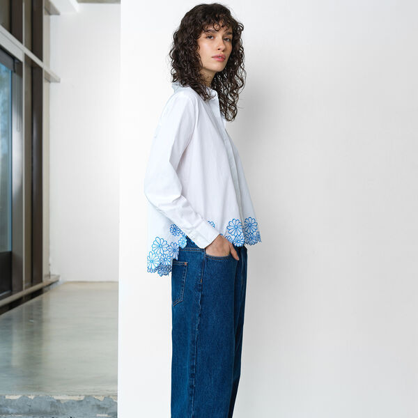CAMBRIA COTTON FLORAL EMBROIDERED HEM SHIRT, linen white/azure blue, French Connection