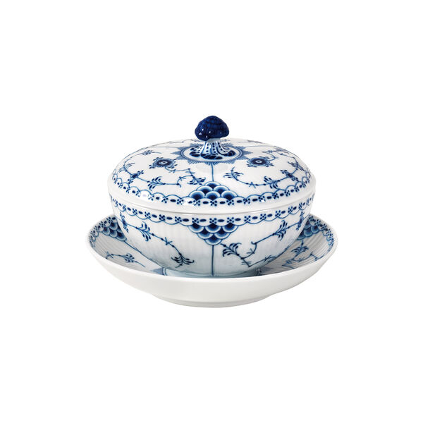 Musselmalt Halvblonde sk&aring;l med lokk og underkopp 30 cl, Royal Copenhagen