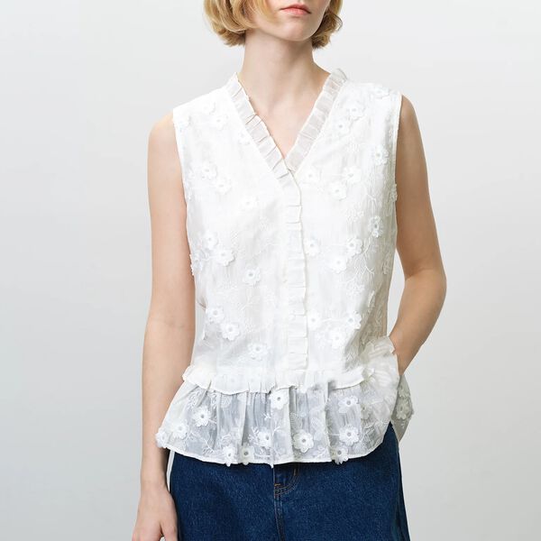 VANI COTTON RUFFLE PEPLUM TOP, summer white, French Connection