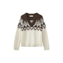 ALLEGRASW V-NECK KNIT SWEATER, 9144 off white - brown, Sofie Schnoor