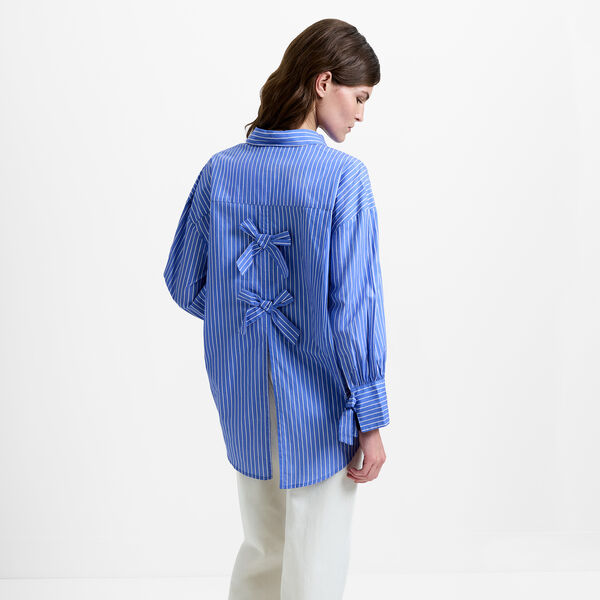 CAMBRIA COTTON STRIPED BOW SHIRT, azure blue/linen white, French Connection