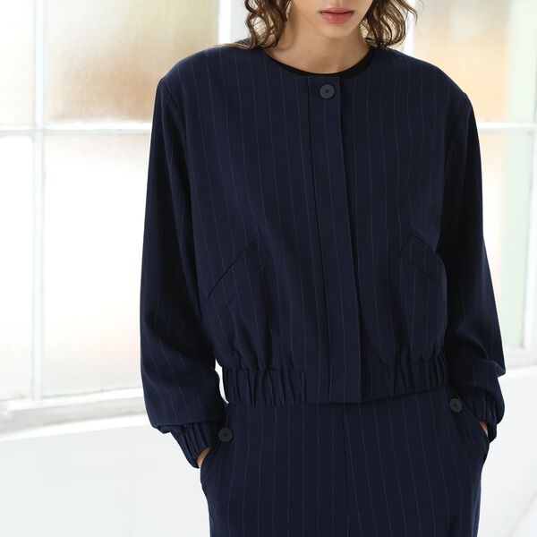 Alia Pinstripe Bomber Jacket, new navy/linen white, French Connection