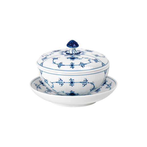 Musselmalt Riflet sk&aring;l med lokk og tallerken 38 cl, Royal Copenhagen