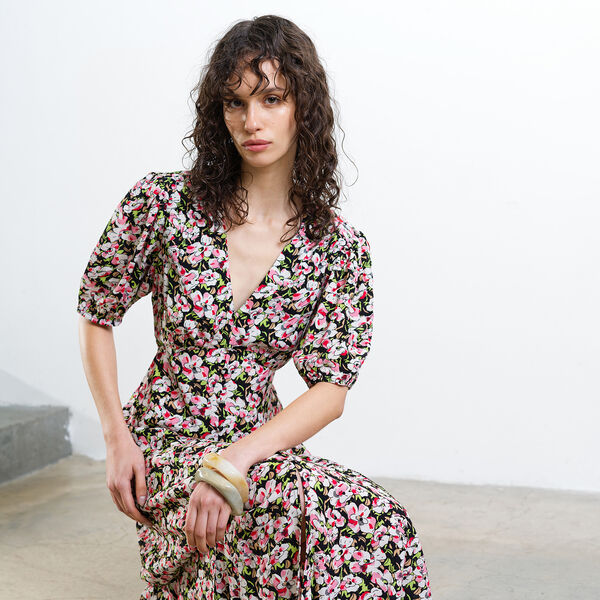 MOLLY LIZZIE ECO PUFF SLEEVE TEA DRESS, black multi, French Connection