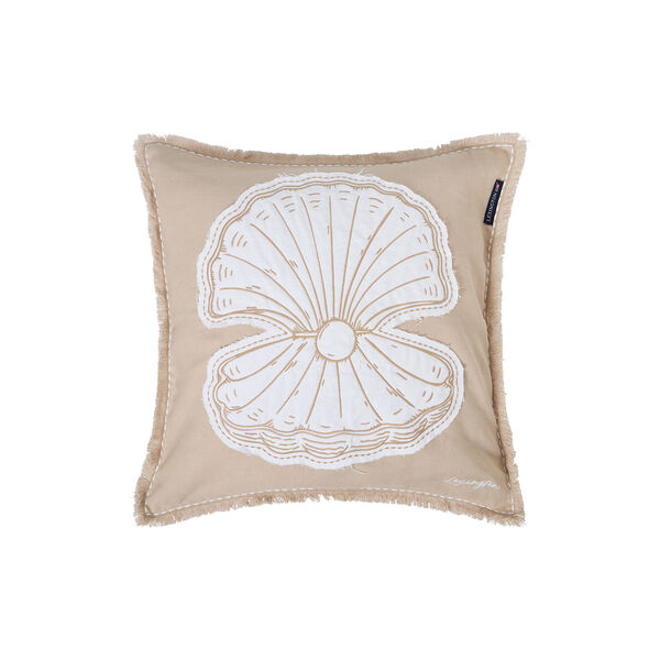 Summer Embroidered Patch Linen/Cotton Pillow Cover, beige/white, Lexington