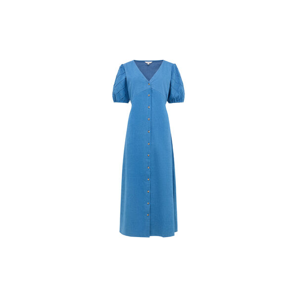 ZAVES CHAMBRAY PUFF SLEEVE MIDI DRESS, medium bleach wash, French Connection
