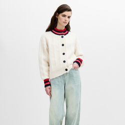 KENLEY HIGH COLLAR CARDIGAN, porcelain cream / rouge red / new navy, French Connection