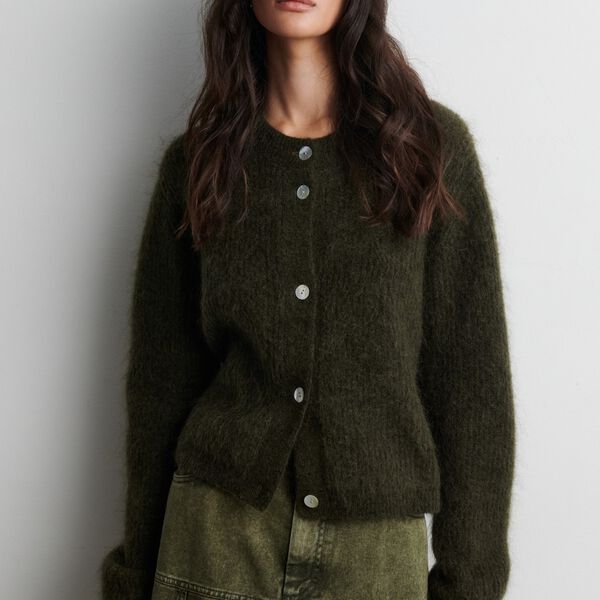 Andrea Knit Rib LS Cardigan, black olive, Second Female